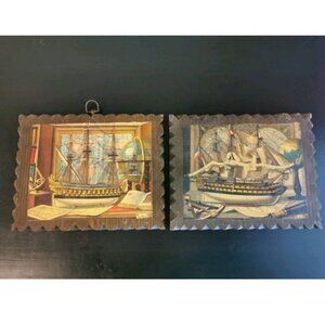 VTG Nautical Chayle Cerny 1960 Ship Art Print Wood Plaque-Set 2- 9 x 11 1/2"